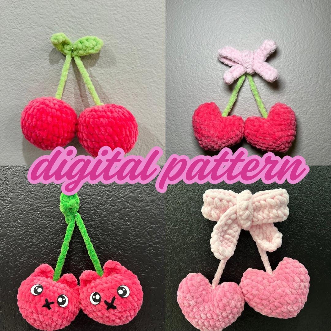 Bow & Cherries Amigurumi Digital Pattern - No sew / Low Sew - Cherry , Valentines